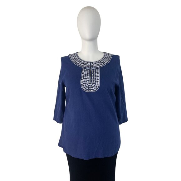 Carole Little Women’s Blue 3/4 Sleeve Top Embroidered Neckline Split Hem Sz 1X - Picture 1 of 9